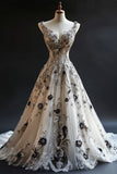 Ndyad V-neck A-Line Tulle Long Prom Dresses Tulle Beaded Applique White Quincea?era Dresses 2025 Halloween Dress HZ1024