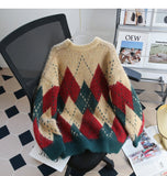 Ndyad diamond contrast color round neck pullover sweater HZ1024