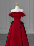 Ndyad Off Shoulder Satin Burgundy Long Prom Dress, Burgundy Long Formal Dress HZ1024