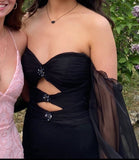 Ndyad Off-the-shoulder Sheath Black Long Prom Dresses Chiffon Black Party Dresses with Slits HZ1024