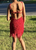 Ndyad Spaghetti Strap Sheath Burgundy Short Birthday Dresses Beaded Backless Burgundy Party Dresses HZ1024