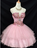 Ndyad Strapless Ball Gown Tulle Pink Short Prom Dresses Sequined Homecoming Dresses Pink Birthday Dresses HZ1024