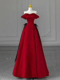 Ndyad Off Shoulder Satin Burgundy Long Prom Dress, Burgundy Long Formal Dress HZ1024
