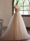 Ndyad Sweetheart Neck Tulle Champagne Long Prom Dress With Lace HZ1024