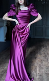 Ndyad Sheath Grape Long Prom Dresses Satin Grape Wedding Guest Dresses with Short Sleeves HZ1024