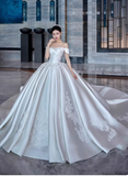 Ndyad Off-the-shoulder Ball Gown Satin Long Wedding Dresses Applique White Bridal Gowns Short Sleeve Bridal Dresses HZ1024