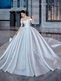 Ndyad Off-the-shoulder Ball Gown Satin Long Wedding Dresses Applique White Bridal Gowns Short Sleeve Bridal Dresses HZ1024