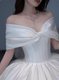 Ndyad Off-shoulder Ball Gown Satin Long Wedding Dresses White Bridal Gowns Short Sleeve Bridal Dresses HZ1024