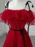 Ndyad Off Shoulder Tulle Burgundy Long Prom Dress, Burgundy Long Formal Dress HZ1024