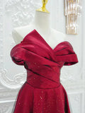 Ndyad Off Shoulder Satin Tulle Burgundy Long Prom Dress HZ1024