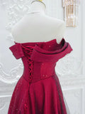 Ndyad Off Shoulder Satin Tulle Burgundy Long Prom Dress HZ1024