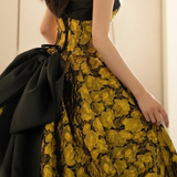 Ndyad Yellow Satin Lace Long Prom Dress, Yellow Long Evening Dress HZ1024