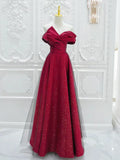 Ndyad Off Shoulder Satin Tulle Burgundy Long Prom Dress HZ1024