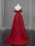 Ndyad Off Shoulder Tulle Lace Burgundy Long Prom Dress HZ1024