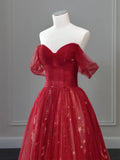 Ndyad Off Shoulder Tulle Lace Burgundy Long Prom Dress HZ1024