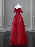 Ndyad Off Shoulder Tulle Lace Burgundy Long Prom Dress HZ1024