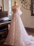 Ndyad Off Shoulder Lace Tulle Pink Long Prom Dress, Pink Long Evening Dress HZ1024