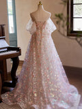 Ndyad Off Shoulder Lace Tulle Pink Long Prom Dress, Pink Long Evening Dress HZ1024
