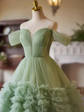 Ndyad Off Shoulder Sweetheart Neck Tulle Green Long Prom Dress HZ1024