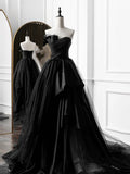 Ndyad A-Line Satin Black Long Prom Dress, Black Long Evening Dress HZ1024