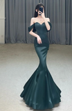 Ndyad Off Shoulder Satin Ink Blue Long Prom Dress, Ink Blue Long Formal Dress HZ1024