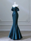 Ndyad Off Shoulder Satin Ink Blue Long Prom Dress, Ink Blue Long Formal Dress HZ1024