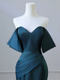 Ndyad Off Shoulder Satin Ink Blue Long Prom Dress, Ink Blue Long Formal Dress HZ1024