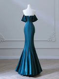 Ndyad Off Shoulder Satin Ink Blue Long Prom Dress, Ink Blue Long Formal Dress HZ1024
