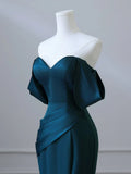 Ndyad Off Shoulder Satin Ink Blue Long Prom Dress, Ink Blue Long Formal Dress HZ1024
