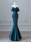 Ndyad Off Shoulder Satin Ink Blue Long Prom Dress, Ink Blue Long Formal Dress HZ1024