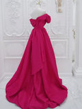 Ndyad Off Shoulder Satin Rose Red Long Prom Dress, Rose Red Long Evening Dress HZ1024