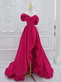 Ndyad Off Shoulder Satin Rose Red Long Prom Dress, Rose Red Long Evening Dress HZ1024