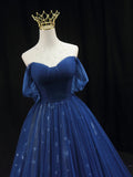 Ndyad Off Shoulder Tulle Lace Dark Blue Long Prom Dress HZ1024