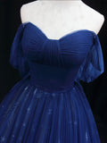 Ndyad Off Shoulder Tulle Lace Dark Blue Long Prom Dress HZ1024