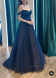 Ndyad Off Shoulder Tulle Lace Dark Blue Long Prom Dress HZ1024