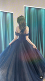 Ndyad Off Shoulder Tulle Lace Dark Blue Long Prom Dress HZ1024