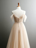 Ndyad Off Shoulder Champagne Tulle Long Prom Dress, Champagne Long Evening Dress HZ1024