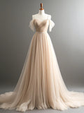 Ndyad Off Shoulder Champagne Tulle Long Prom Dress, Champagne Long Evening Dress HZ1024