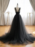 Ndyad V Neck Tulle Black Long Prom Dress, Black Long Formal Dress HZ1024