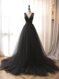 Ndyad V Neck Tulle Black Long Prom Dress, Black Long Formal Dress HZ1024