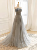 Ndyad Tulle Sequin Long Prom Dress, Gray Tulle Long Evening Dress HZ1024