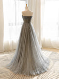 Ndyad Tulle Sequin Long Prom Dress, Gray Tulle Long Evening Dress HZ1024