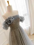 Ndyad Tulle Sequin Long Prom Dress, Gray Tulle Long Evening Dress HZ1024