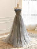 Ndyad Tulle Sequin Long Prom Dress, Gray Tulle Long Evening Dress HZ1024