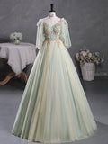 Ndyad A-Line 3D Lace Long Prom Dress, Green Lace Sweet 16 Dress HZ1024