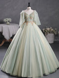 Ndyad A-Line 3D Lace Long Prom Dress, Green Lace Sweet 16 Dress HZ1024