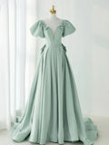 Ndyad Green Satin Long Prom Dresses, Green Formal Evening Dresses HZ1024