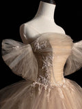 Ndyad Tulle Lace Long Prom Dress, Champagne Formal Evening Dress HZ1024
