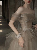 Ndyad Tulle Lace Long Prom Dress, Champagne Formal Evening Dress HZ1024