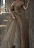 Ndyad Tulle Lace Long Prom Dress, Champagne Formal Evening Dress HZ1024